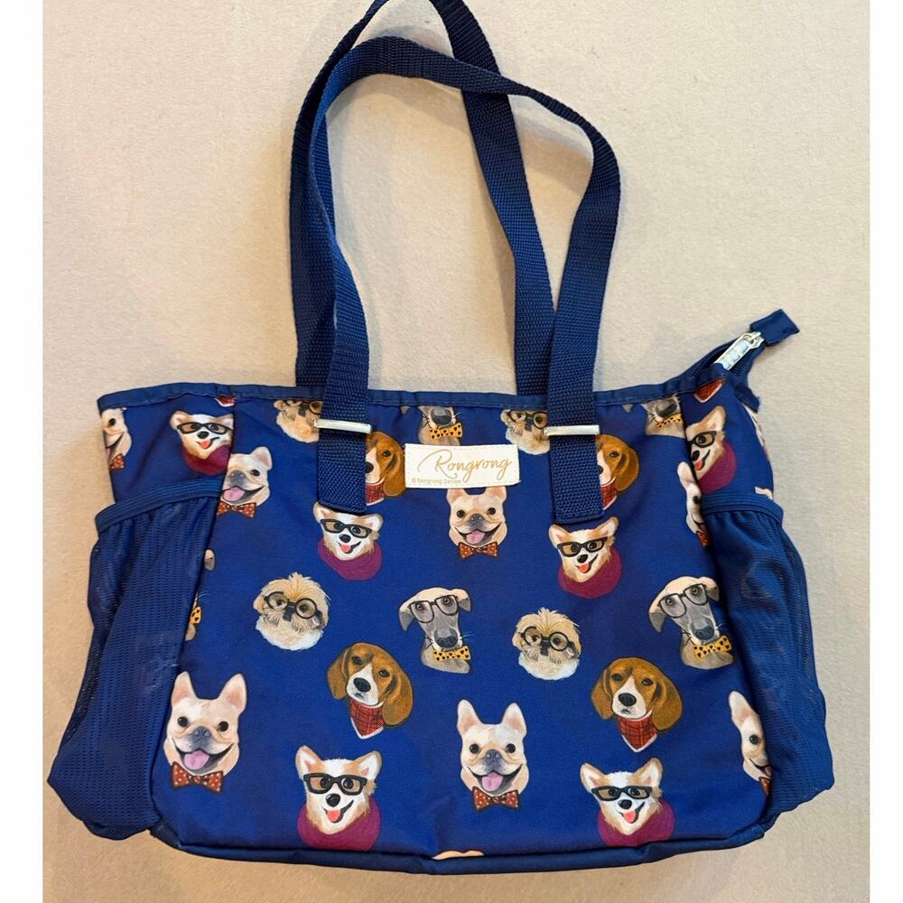Rongrong DeVoe Dog Print Insulated Tote Bag Blue Lunch Bag Pet Lover Cooler Tote
